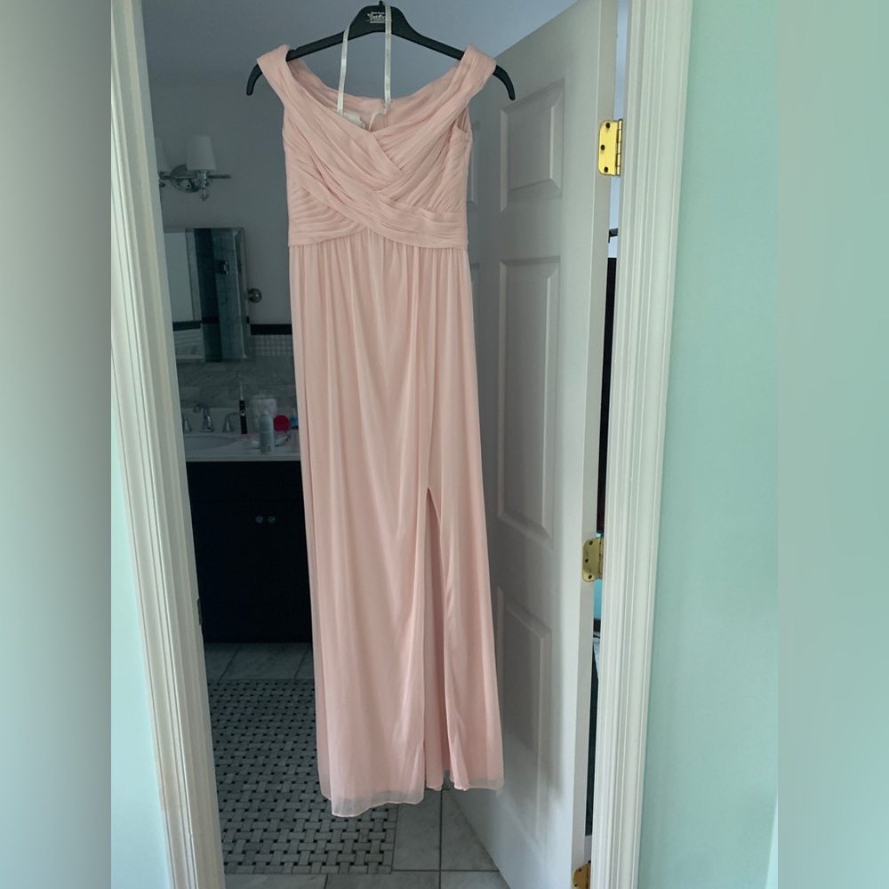 David’s Bridal crisscross off the shoulder mesh bridesmaid dress in petal